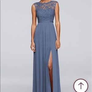 Davids Bridal Long Bridesmaid Dress Lace SteelBlue